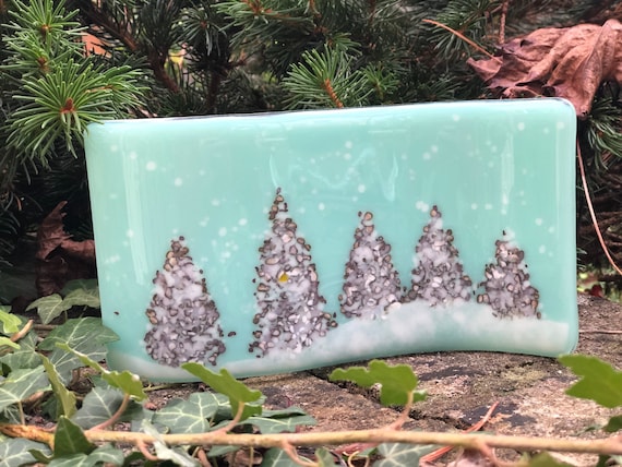 Glass Christmas Tree Winter Panel - decor, secret santa, snow scene, special gifts, handmade, gifts for mum, gran, aunt, fir trees, aspen