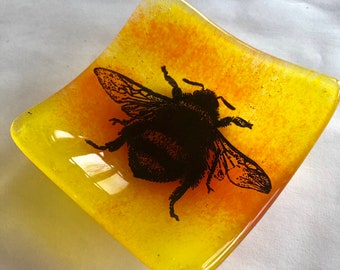 Black Bee on Yellow & Orange Glass Trinket Dish Made To Order - male, birthday, gift, handmade, nature, bees, honey, gift