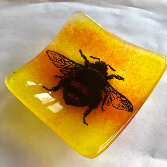 Black Bee on Yellow & Orange Glass Trinket Dish Made To Order - male, birthday, gift, handmade, nature, bees, honey, gift