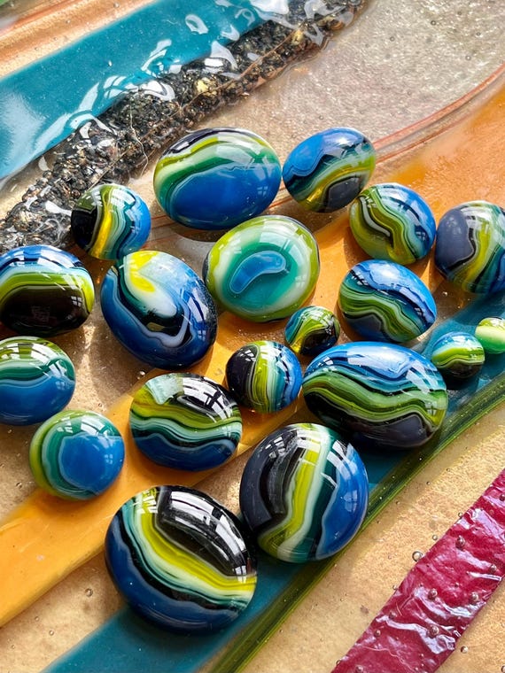 Glass Pebble Cabouchons for jewellery making, blue and green puddles, bullseye, fire in place silver clay. Findings, sea glass alternative