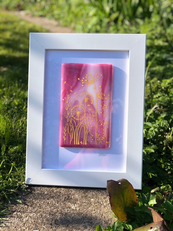 Pretty Pink Glass Seedhead Picture - dandelion print, dandelion gifts, seedhead picture, milestone birthday, 50th birthday, anniversary