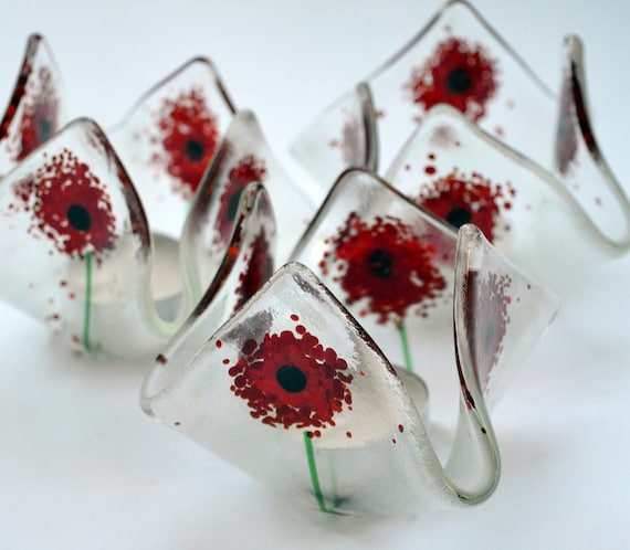 Red Poppy Fused Glass Handkerchief Tealight Holders Made to Order- Birthday, Present, Gift, mothersday, mum, sister, friend, ruby, poppies
