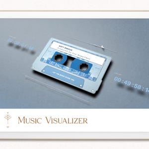 Op de afbeelding: Een digitale muziekvisualizer op een tablet. Het ontwerp toont een lichtblauwe cassetteband met de tekst "Soft Breeze" en "Let the music guide you". De achtergrond is een blauw-grijze gradiënt.