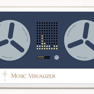 Op de afbeelding: Een digitaal muziekvisualizer-ontwerp op een tablet. Het ontwerp toont twee grijze spoelen, een raster van zwarte stippen en een reeks gele en oranje lichten. De tekst "Music Visualizer" wordt hieronder weergegeven.