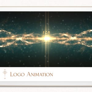 Peut inclure: Une tablette affiche une animation de logo sur un fond doré et turquoise. L'animation présente une source de lumière centrale avec des particules scintillantes. Le texte "Logo Animation" est affiché en bas de l'écran.