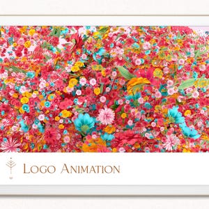 May include: A tablet displays a vibrant floral arrangement with pink, red, yellow, and turquoise flowers. The words "Logo Animation" are displayed on the screen. A decorative bust and plant are in the foreground.