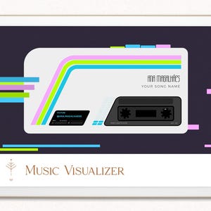 Op de afbeelding: Digitale illustratie van een retro cassettebandontwerp met kleurrijke strepen en tekst. Het ontwerp bevat de tekst "ANA MAGALHÃES" en "YOUR SONG NAME". De woorden "Music Visualizer" zijn ook aanwezig.