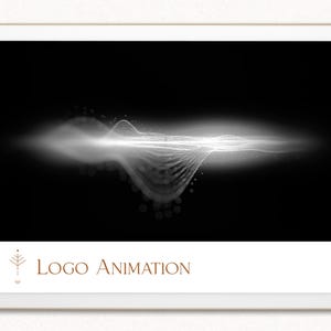 Op de afbeelding: Een digitale tablet toont een logo-animatie tegen een zwarte achtergrond. De animatie heeft een wit, vloeiend, abstract ontwerp met licht- en schaduweffecten. De tekst "Logo Animation" staat onderaan.