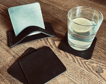 Leather coasters for glasses, Cup coasters, Personalized, Set of leather coasters with a stand