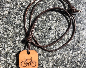 Wooden necklace, wood and leather necklace, personalized necklace, bike, biker necklace, bicycle necklace