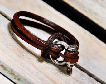 Brown leather bracelet made of genuine leather of the highest quality with snap shackle, men bracelet, gift