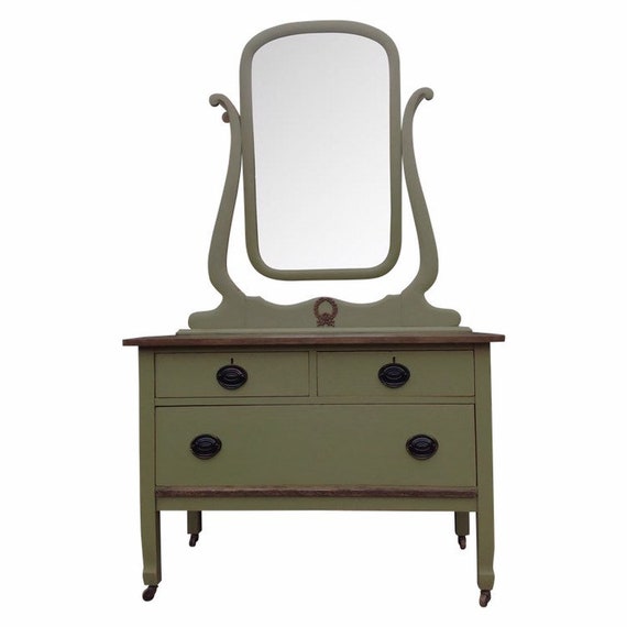 Shabby Chic Olive Green Dresser Vanity With Mirror Etsy