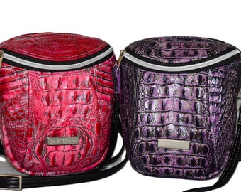 Embossed Cowhide Leather Crossbody Bucket Bag: Adjustable Strap