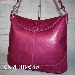 Cranberry Leather Hobo Purse: Fold Over Cowhide Bag