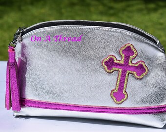 Metallic Leather Makeup Bag: Embroidered Cross Zippered Pouch