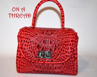 Red Crocodile Purse | Faux Leather Mini Satchel