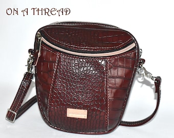 Crocodile Embossed Faux Leather Crossbody Bag | Burgundy Bucket Purse, Adjustable Strap