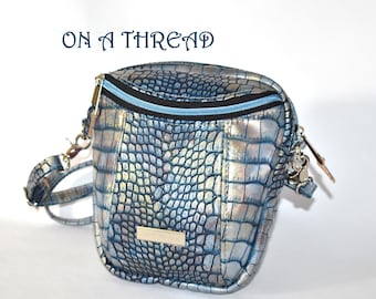 Crocodile Embossed Faux Leather Crossbody Bag | Silver/Blue Bucket Purse, Adjustable Strap