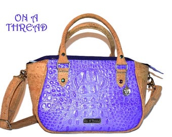 Purple Crocodile Embossed Leather & Cork Purse - Hand-Dyed Satchel