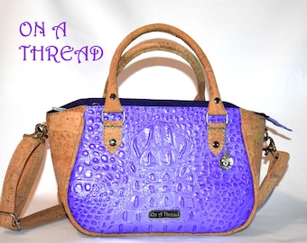 Purple Crocodile Embossed Leather & Cork Purse - Hand-Dyed Satchel