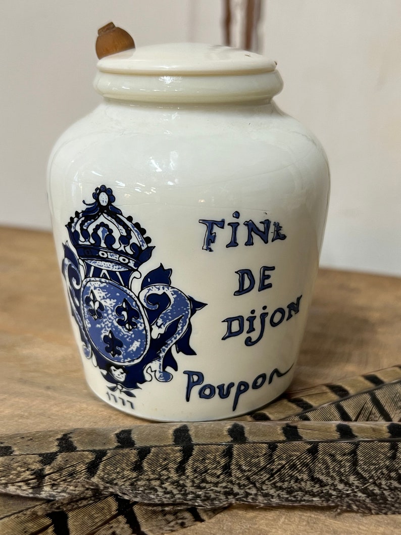 English Stoneware Advertising Pots, Forte au Vin Blanc Dijon Mustard Jar with plastic Lid, wood spoon image 3