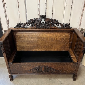 Antique Tiger Oak Monks Hall Bench & Chest image 4