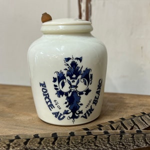 English Stoneware Advertising Pots, Forte au Vin Blanc Dijon Mustard Jar with plastic Lid, wood spoon image 5