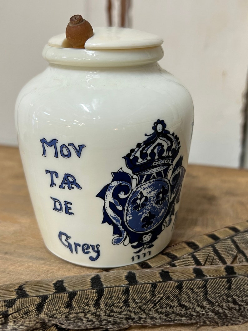 English Stoneware Advertising Pots, Forte au Vin Blanc Dijon Mustard Jar with plastic Lid, wood spoon image 4