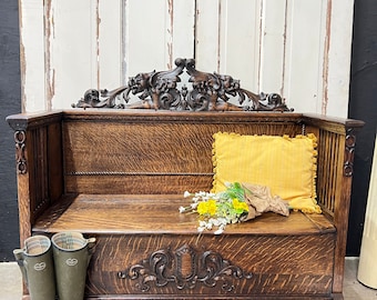 Antique Tiger Oak Monks Hall Bench & Chest