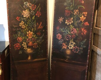 Pair of French Chateau oil painted leather panels, 1800s