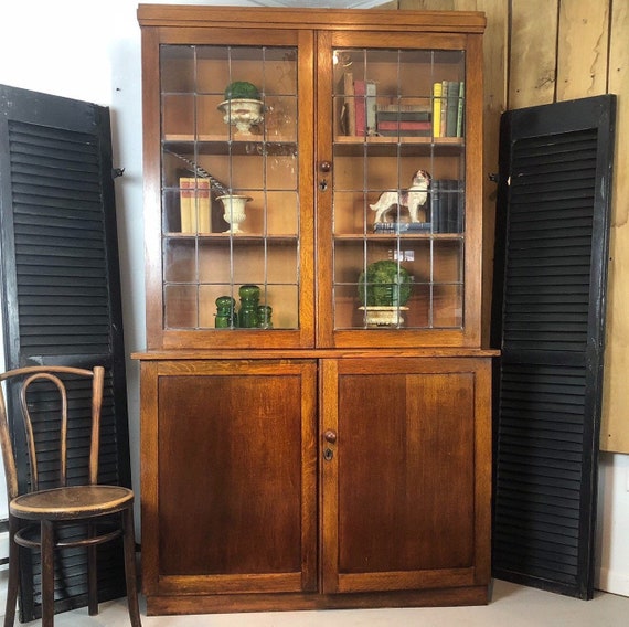 Sold Antique English Oak Hutch Cabinet Bookshelf Lead Glass Etsy