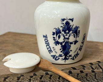 English Stoneware Advertising Pots, Forte au Vin Blanc Dijon Mustard Jar with plastic Lid, wood spoon