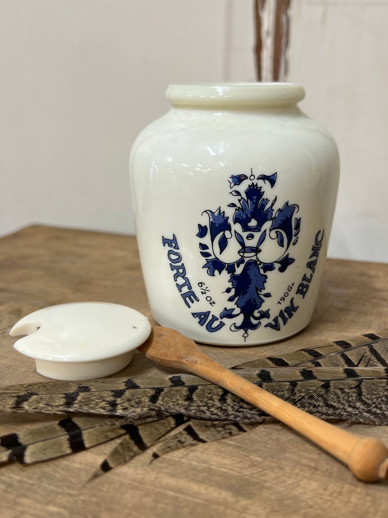 English Stoneware Advertising Pots, Forte au Vin Blanc Dijon Mustard Jar with plastic Lid, wood spoon image 1