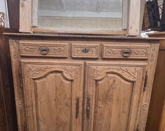 1750 French Oak Tall Sideboard Cabinet Hutch, Secret Drawer, Stripped/Sandblasted