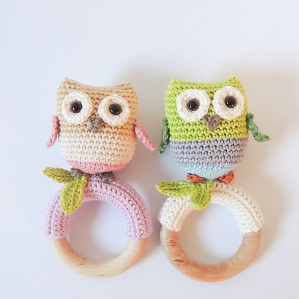 Crochet pattern rattle / teething ring little owls - Amigurumi pattern