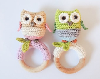 Crochet pattern rattle / teething ring little owls - Amigurumi pattern