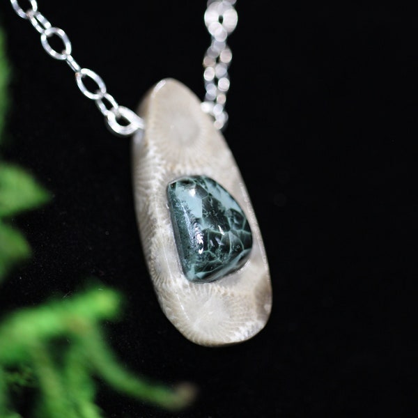 Isle Royale Greenstone in Petoskey Stone Inlay Necklace Sterling Silver