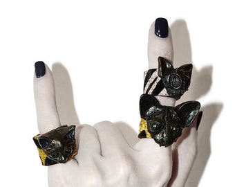 Women's ring Cat jewelry Black ring Gothic jewelry Black cat Zebra Leopard Witch jewelry Leather ring Cat ring Black leather ring Witchcraft