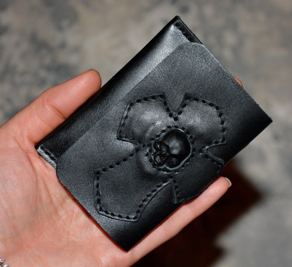 SKULL Biker Portafoglio USA PORTAFOGLIO WALLET in Pelle Catena Teschio gothic rock