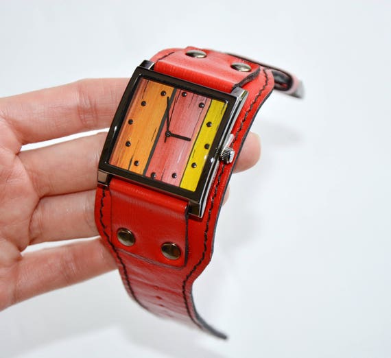 mens red leather watch band