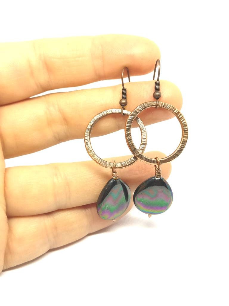 Copper earrings with mother of pearl drop, dangling mother of pearls