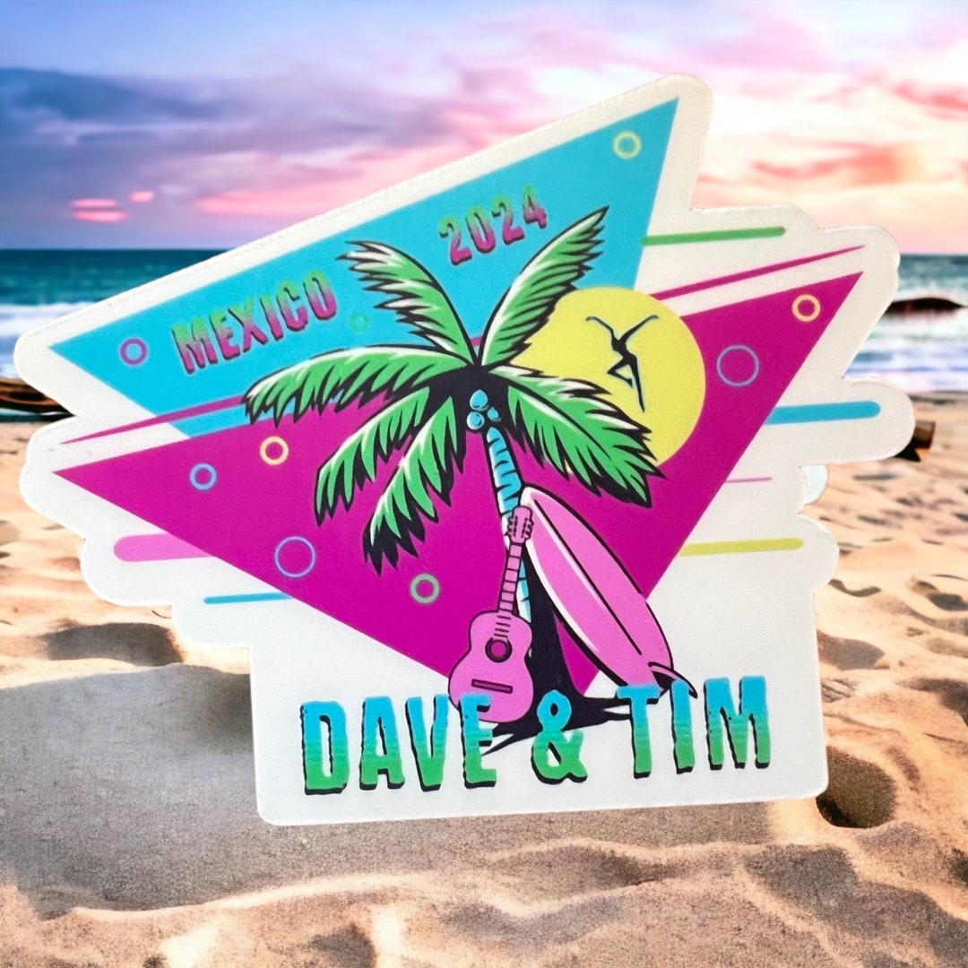 Dave & Tim Mexico 2024 Palm Tree Blue Purple 80s Vibe Sticker Slap 2.6