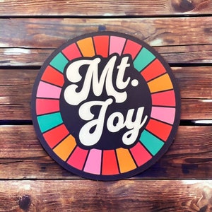 Adesivo de vinil Mt. Joy rosa laranja amarelo azul-petróleo branco preto retrô círculo tapa copo para laptop acabamento fosco 3,0&quot; x 3,0&quot;