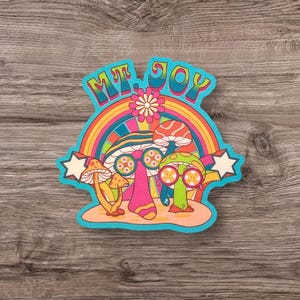 Mt. Joy Hippie Rainbow Mushrooms Retro Psychedelic Blue Green Pink Vinyl Sticker Slap Laptop Tumbler Cup Matte Finish 2.8&quot; x 3.0&quot;