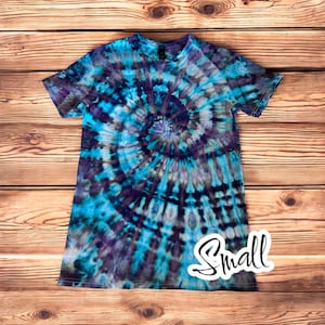 Dark Purple Blue Teal Spiral Ice Dye Tie Dye Short Sleeve Shirt 100% Cotton Size SMALL