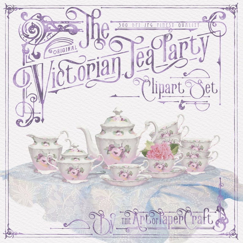 May include: A watercolor illustration of a Victorian tea party set, featuring a teapot, creamer, sugar bowl, and teacups. The set is decorated with pink and white floral patterns and is set on a lace tablecloth.