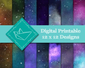 Printable Watercolour Nebulae, Galaxies, Starscapes 12" x 12" Designs
