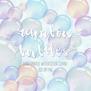 Handgemalte Aquarell Regenbogen Bubbles Clip Art PNG Elemente und 12" x 12" druckbare Bubble Papers