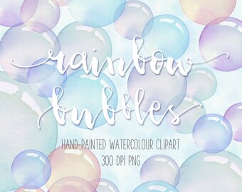 Hand-painted Watercolour Rainbow Bubbles Clip Art PNG elements and 12" x 12" Printable Bubble Papers