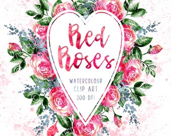 Red Roses Watercolour Clip Art with Matching Wreath, Corner Arrangement and Seamless Pattern.